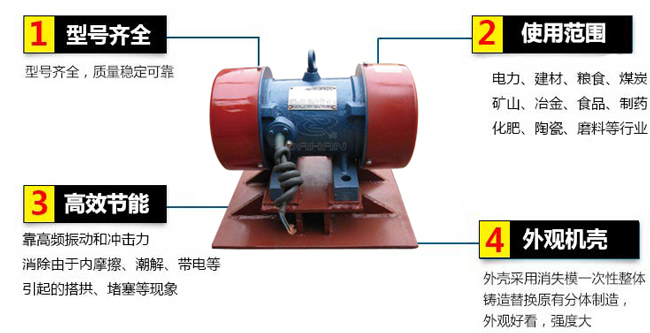 lzf倉壁振動器：1，型號齊全：型號齊全，質(zhì)量穩(wěn)定可靠。2，適用范圍：電力，建材，糧食，煤炭，礦山，冶金，食品，制藥，化肥，陶瓷，磨料等行業(yè)。3，高效：靠高頻振動和沖擊力消除由于內(nèi)摩擦，潮解，帶電等引起的塔供，堵塞等現(xiàn)象。4，外觀機殼：外殼采用消失模一次性整體鑄造替換原有分體制造，外觀好看，強度大。